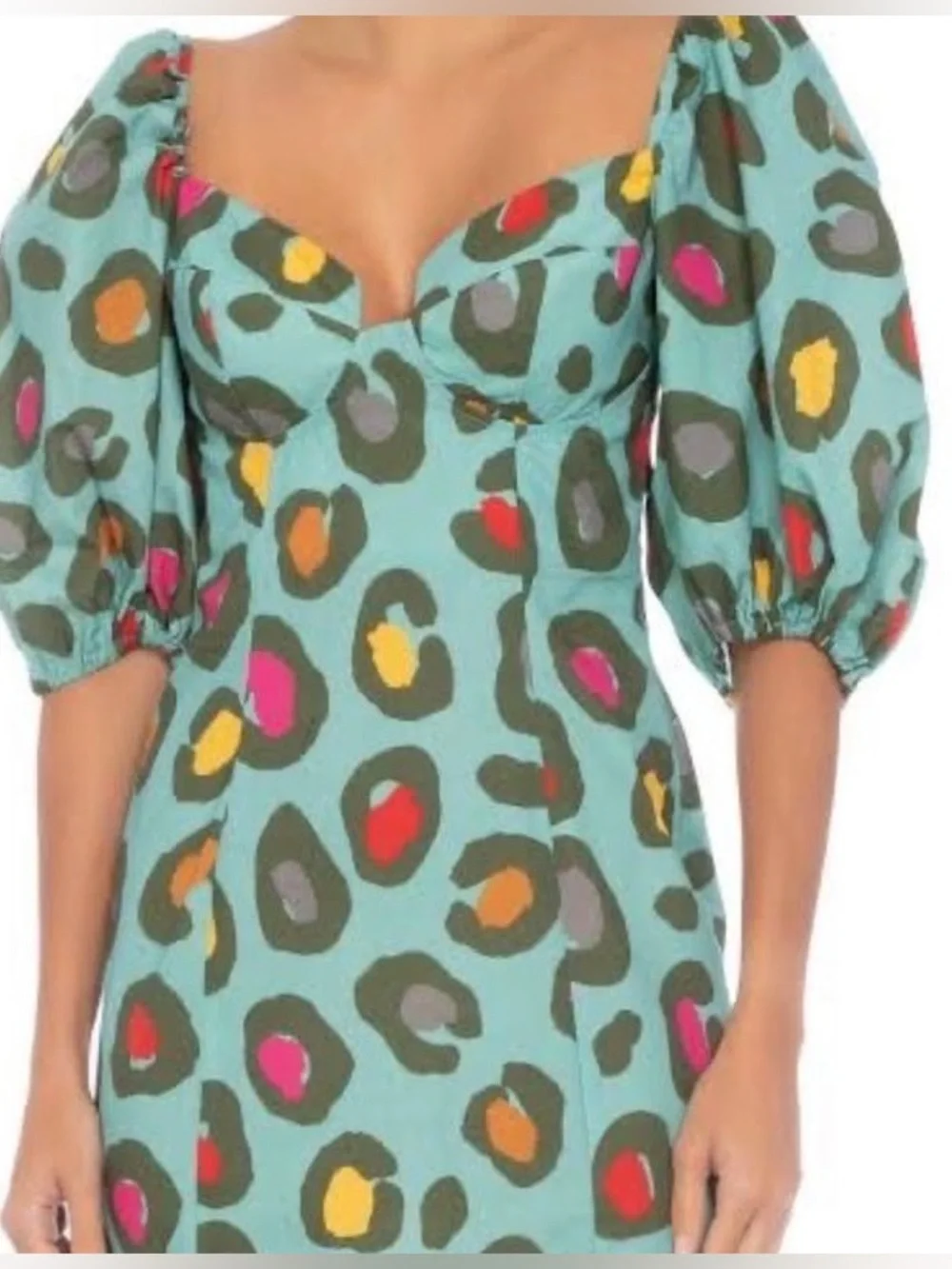 FARM Rio Turquoise Puff-Sleeve Mini Dress with Abstract Spot Print (121)